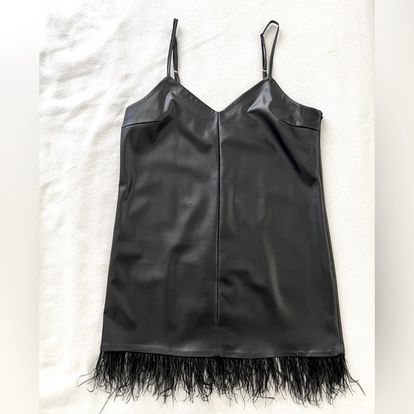 Aqua Women's Feather Trim Vegan Leather Slip Dress - 100% Exclusive - Black - Size Large